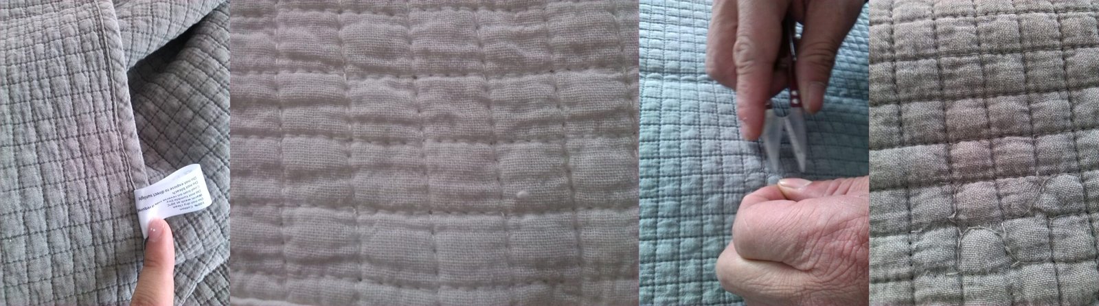 A close-up inspection of a quilt's fabric for defects and color consistency