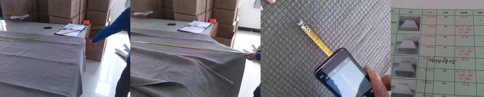 A measuring tape laid across a stone-washed quilt, showing dimension checks