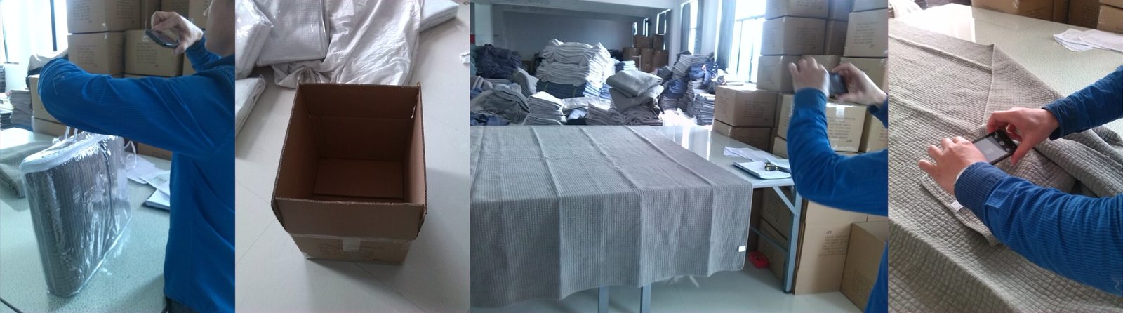 A photo showing the unboxing of a quilt and a close-up of its care label