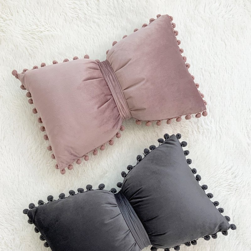 Solid Color Velvet Plush Ball Bow Pillow Girl Sweet Pillow Case - Image 4