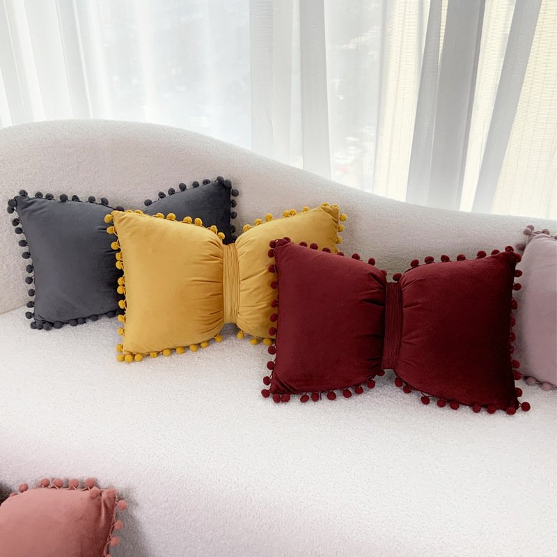 Solid Color Velvet Plush Ball Bow Pillow Girl Sweet Pillow Case