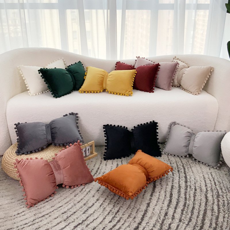 Solid Color Velvet Plush Ball Bow Pillow Girl Sweet Pillow Case - Image 2