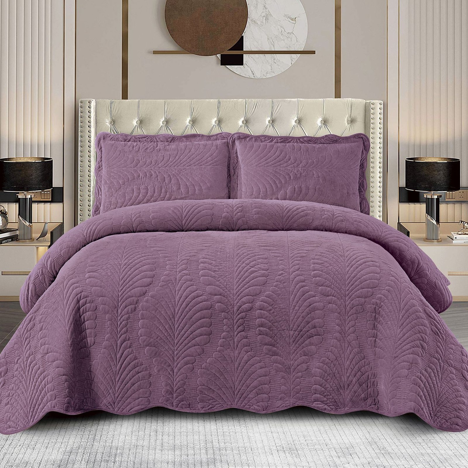Velvet Embroidered Plain Quilt Three-Piece Set - Image 4
